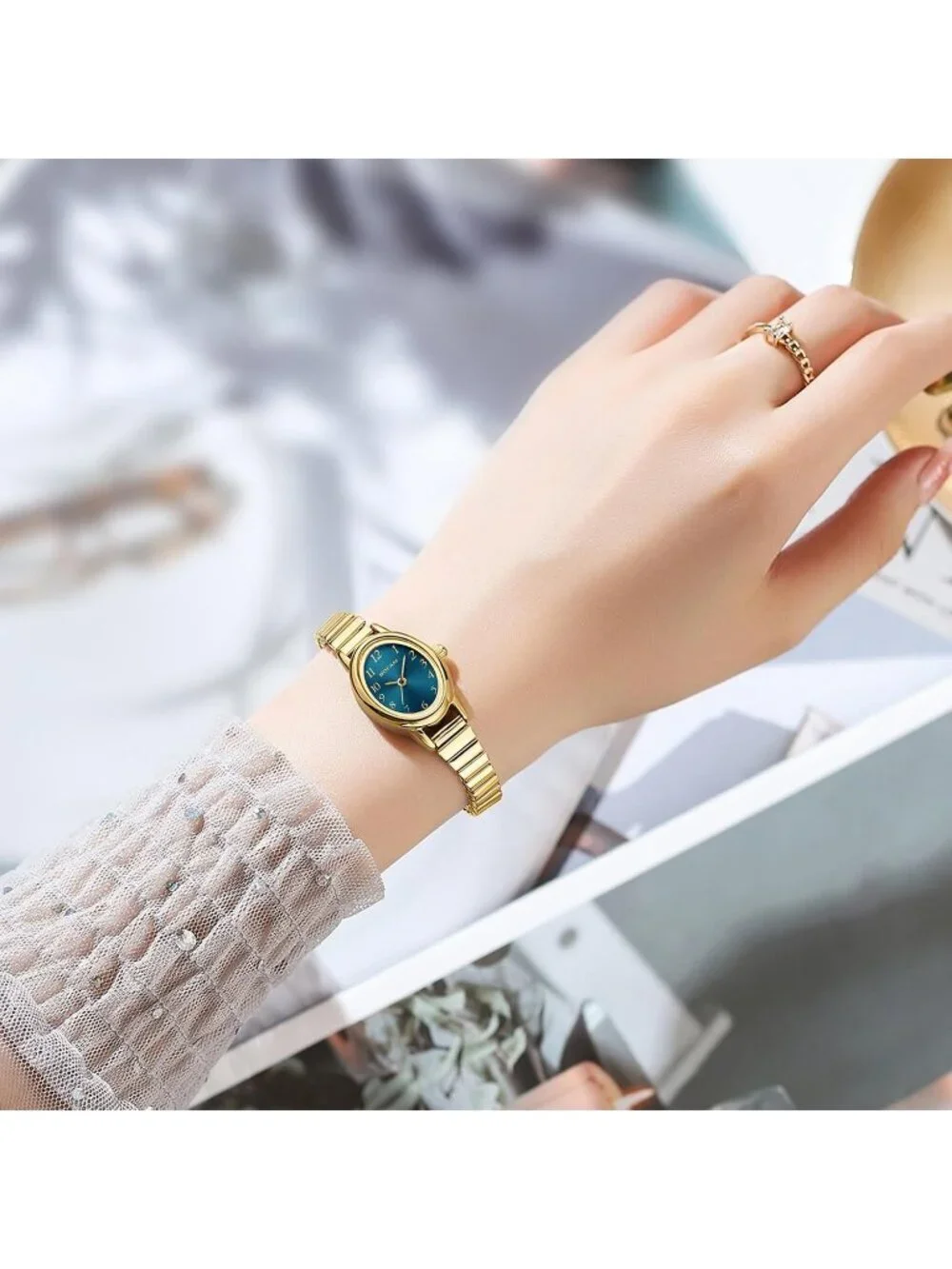 Women's Gold Blue Analog Quartz Stainless Steel Waterproof Bracelet Wrist Watch